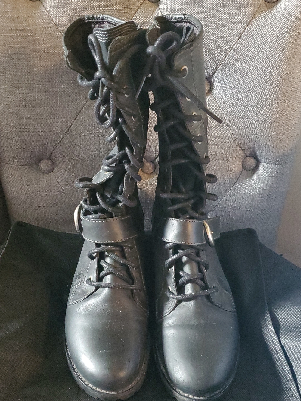 Timberland Black Lace-Up Moto Combat Boots with Ankle Strap And Zipper